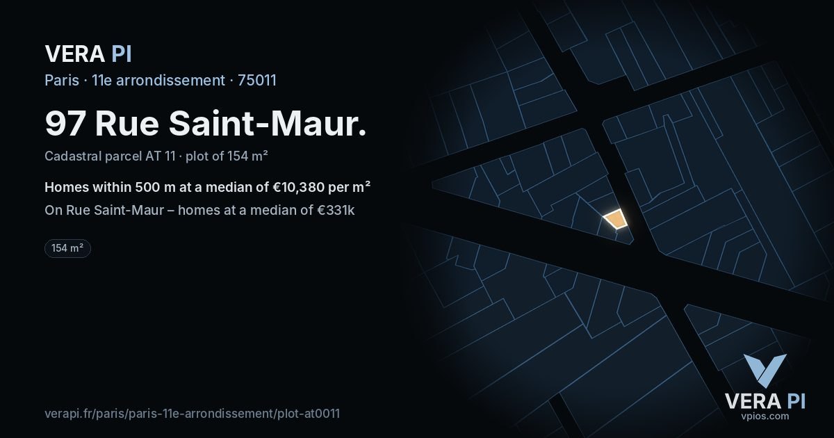 97 Rue Saint-Maur, 11e arrondissement at night – the plot lit, the parcels around coloured by the prices near them