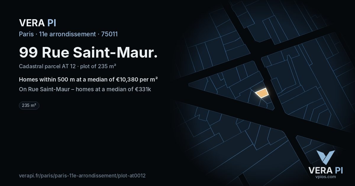 99 Rue Saint-Maur, 11e arrondissement at night – the plot lit, the parcels around coloured by the prices near them