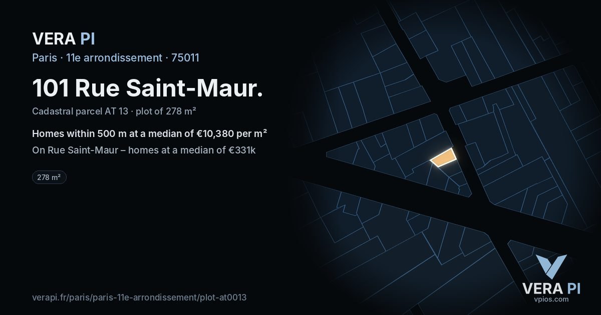 101 Rue Saint-Maur, 11e arrondissement at night – the plot lit, the parcels around coloured by the prices near them
