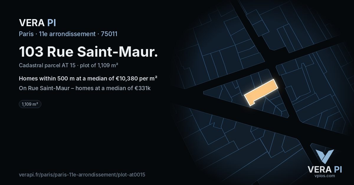 103 Rue Saint-Maur, 11e arrondissement at night – the plot lit, the parcels around coloured by the prices near them