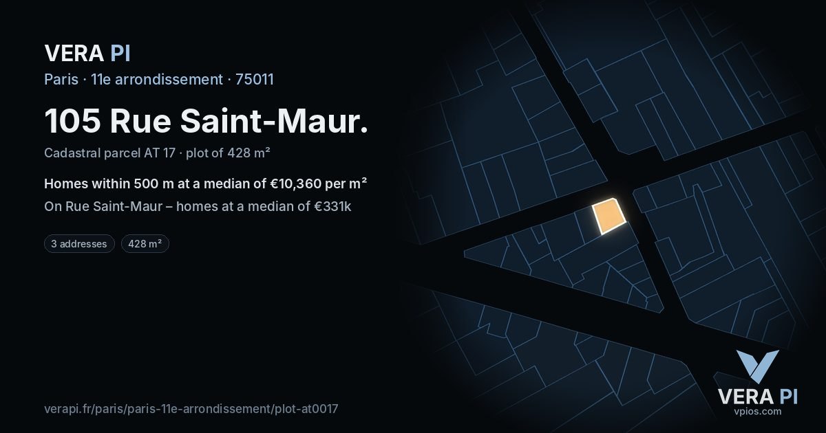 105 Rue Saint-Maur, 11e arrondissement at night – the plot lit, the parcels around coloured by the prices near them