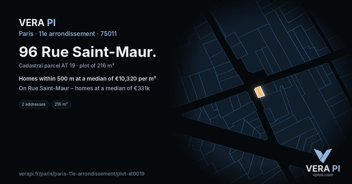 96 Rue Saint-Maur, 11e arrondissement at night – the plot lit, the parcels around coloured by the prices near them