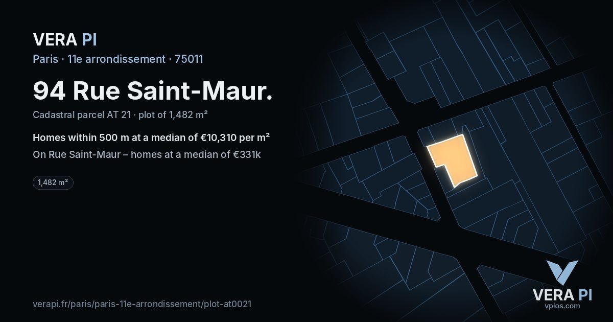 94 Rue Saint-Maur, 11e arrondissement at night – the plot lit, the parcels around coloured by the prices near them