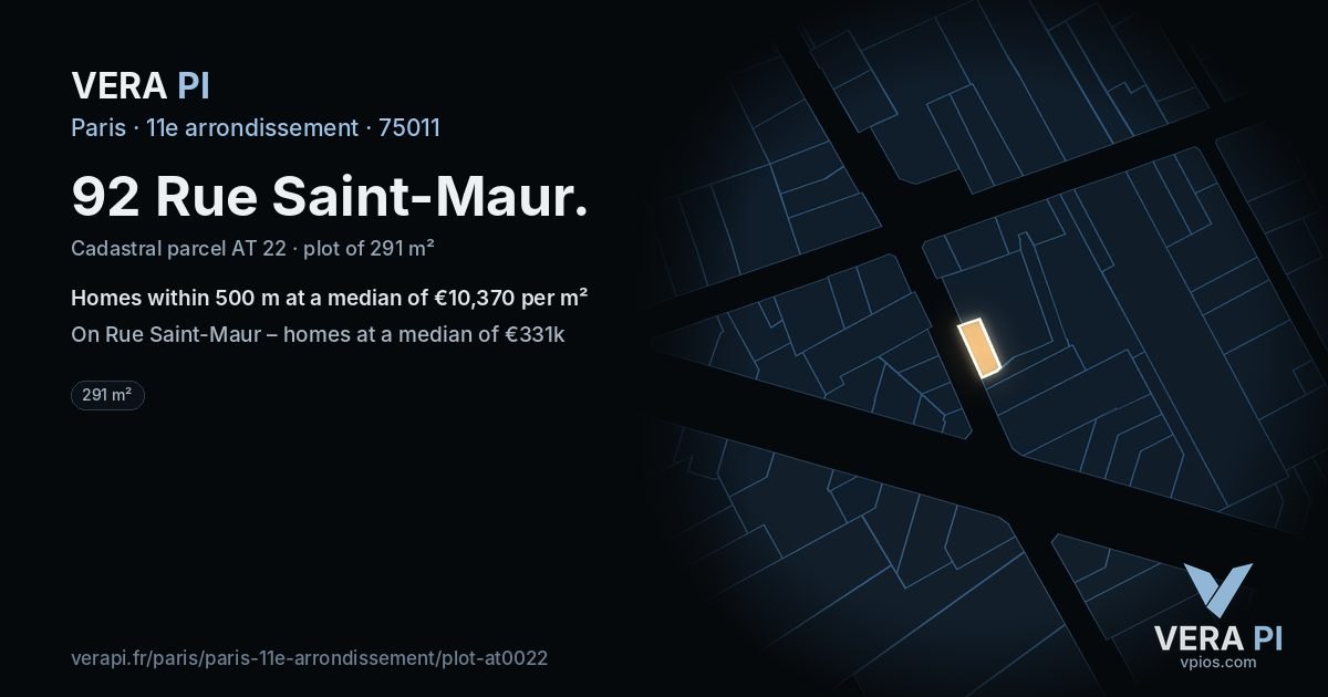 92 Rue Saint-Maur, 11e arrondissement at night – the plot lit, the parcels around coloured by the prices near them