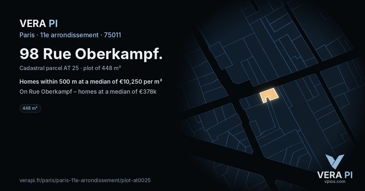 98 Rue Oberkampf, 11e arrondissement at night – the plot lit, the parcels around coloured by the prices near them