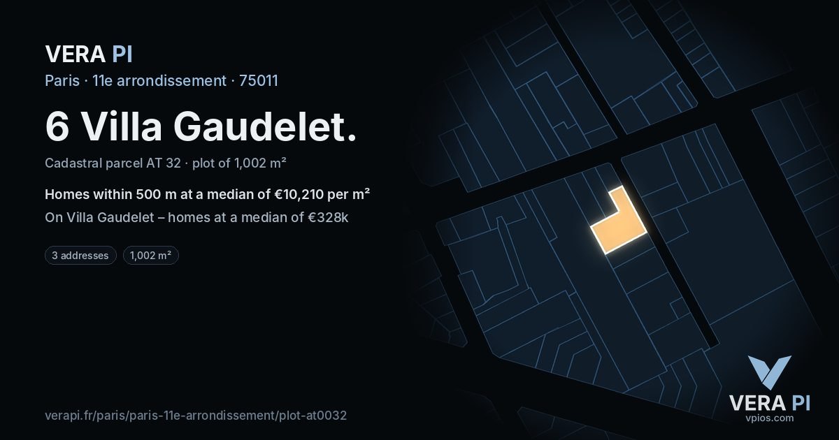 6 Villa Gaudelet, 11e arrondissement at night – the plot lit, the parcels around coloured by the prices near them