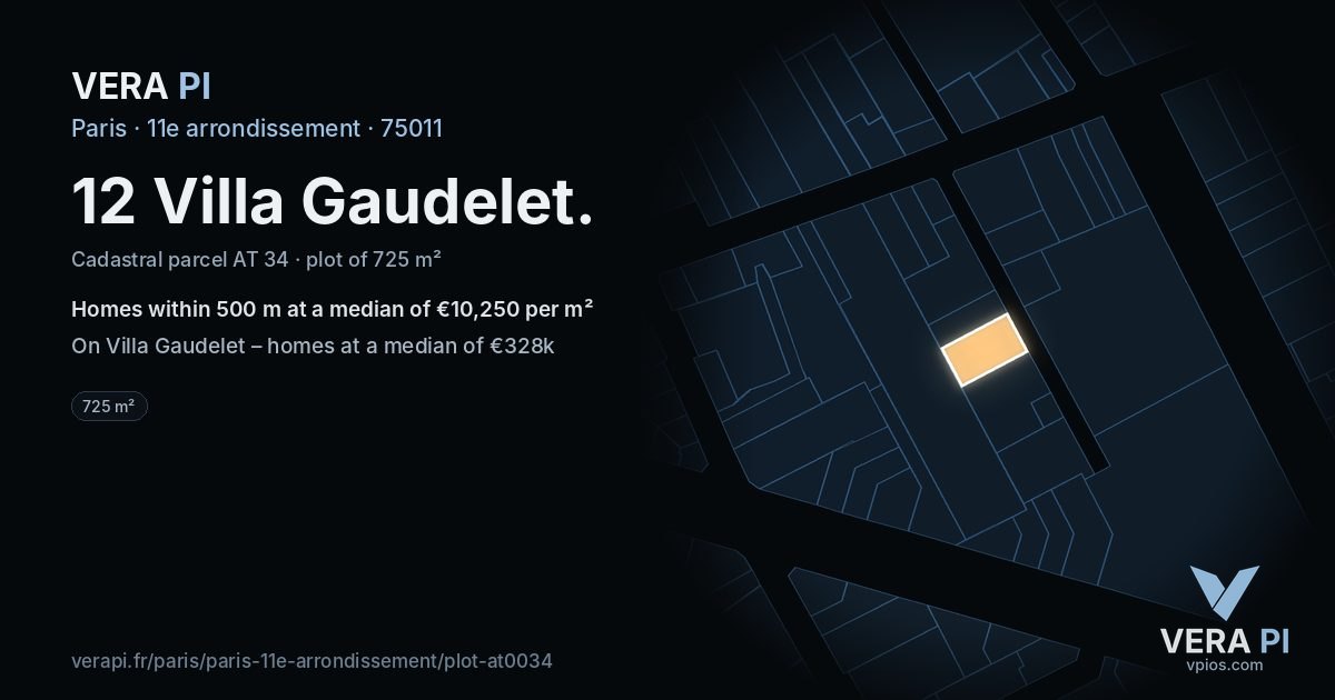 12 Villa Gaudelet, 11e arrondissement at night – the plot lit, the parcels around coloured by the prices near them