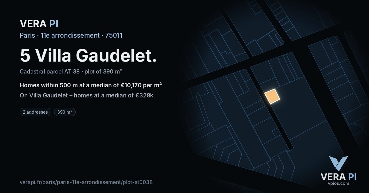 5 Villa Gaudelet, 11e arrondissement at night – the plot lit, the parcels around coloured by the prices near them