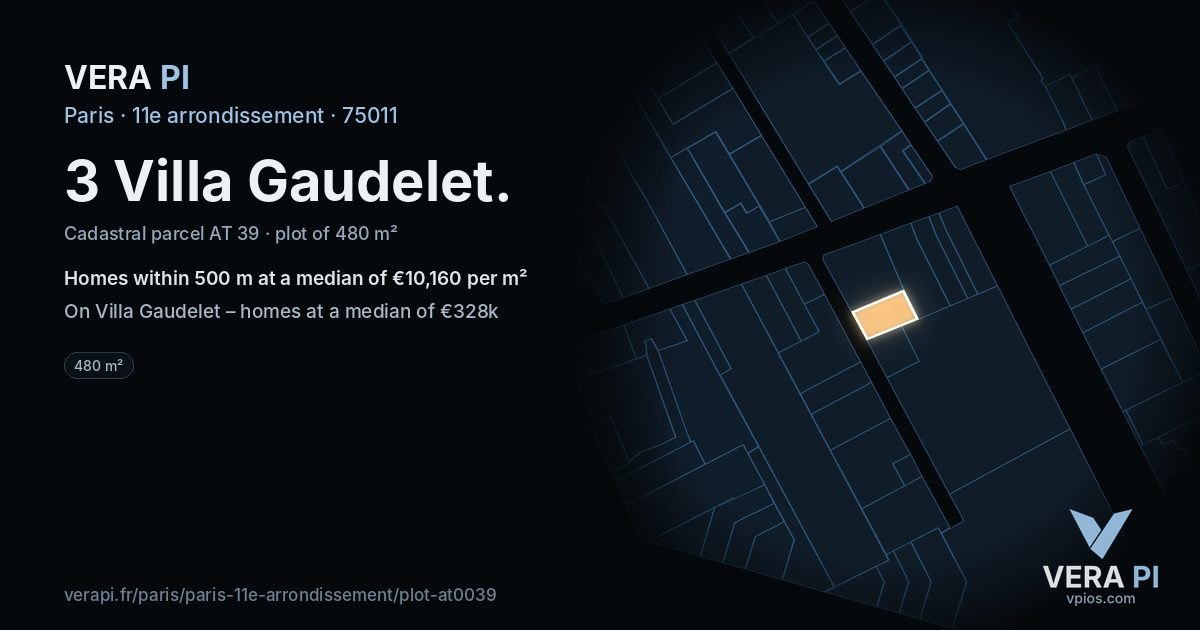 3 Villa Gaudelet, 11e arrondissement at night – the plot lit, the parcels around coloured by the prices near them