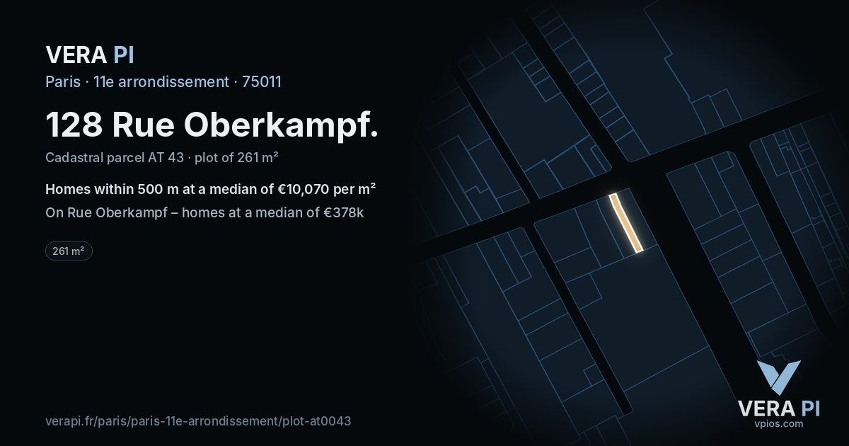 128 Rue Oberkampf, 11e arrondissement at night – the plot lit, the parcels around coloured by the prices near them