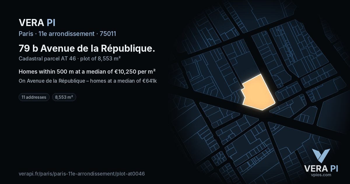 79 b Avenue de la République, 11e arrondissement at night – the plot lit, the parcels around coloured by the prices near them