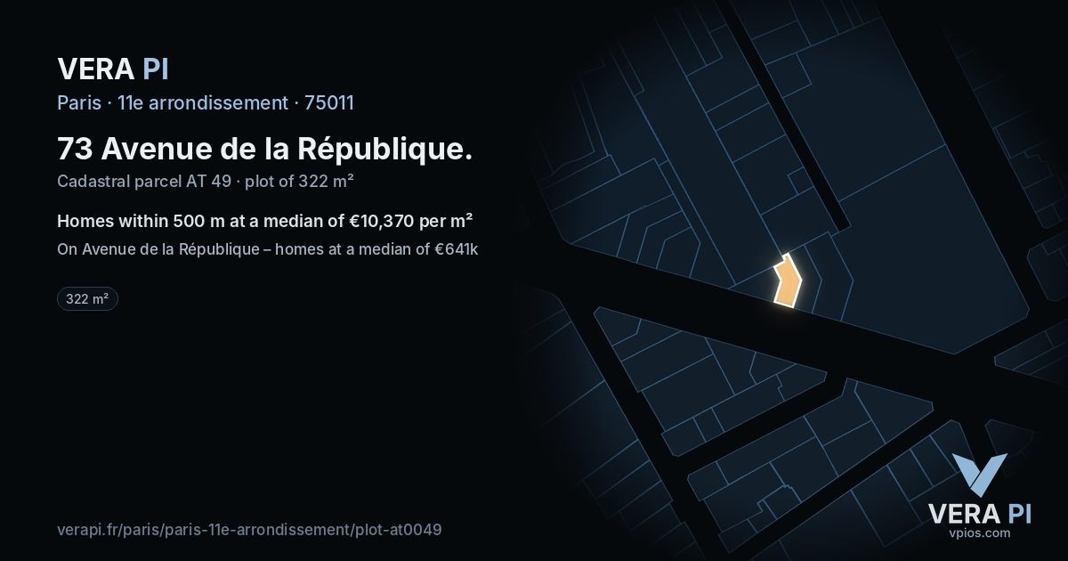 73 Avenue de la République, 11e arrondissement at night – the plot lit, the parcels around coloured by the prices near them
