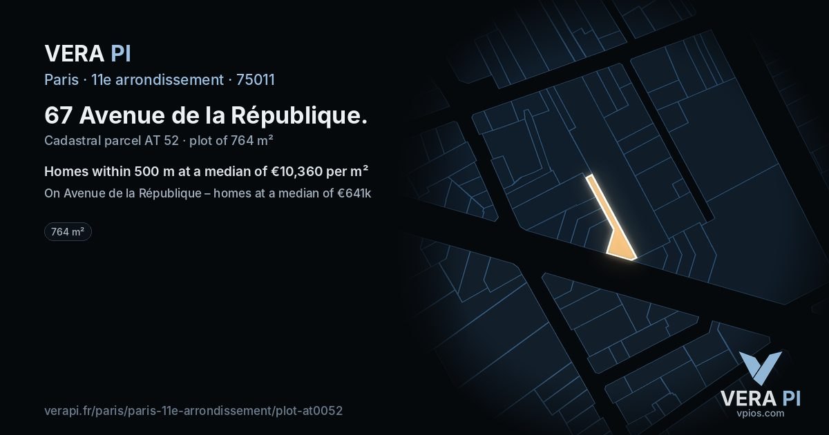 67 Avenue de la République, 11e arrondissement at night – the plot lit, the parcels around coloured by the prices near them