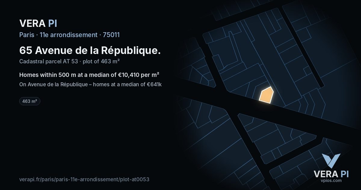 65 Avenue de la République, 11e arrondissement at night – the plot lit, the parcels around coloured by the prices near them