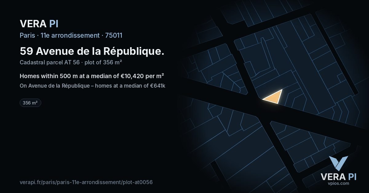 59 Avenue de la République, 11e arrondissement at night – the plot lit, the parcels around coloured by the prices near them