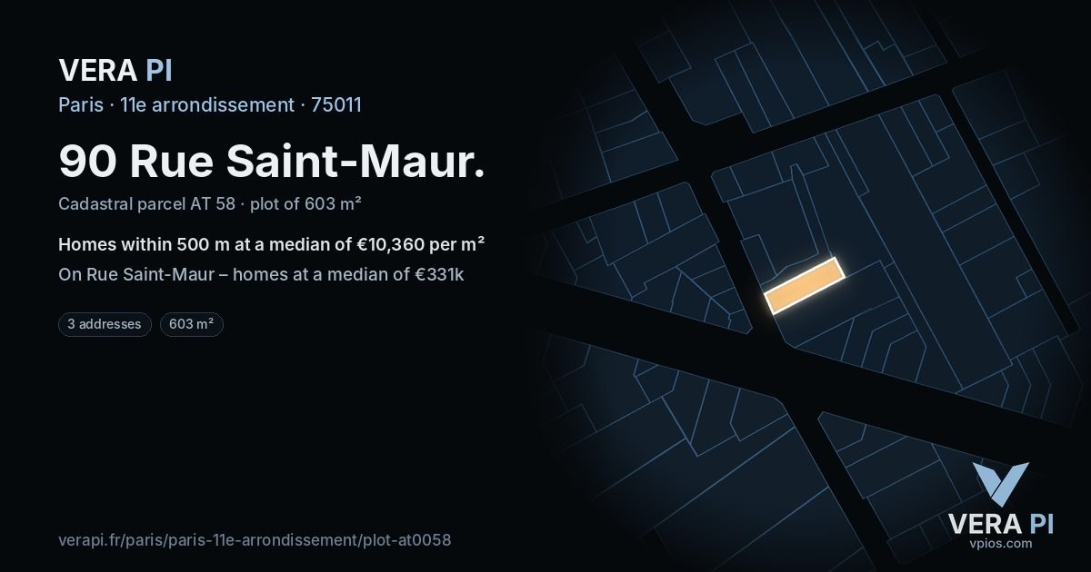 90 Rue Saint-Maur, 11e arrondissement at night – the plot lit, the parcels around coloured by the prices near them