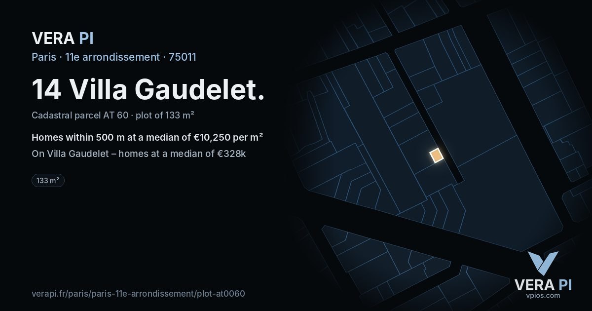14 Villa Gaudelet, 11e arrondissement at night – the plot lit, the parcels around coloured by the prices near them