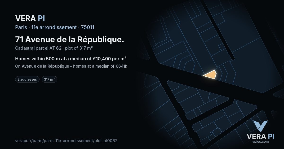 71 Avenue de la République, 11e arrondissement at night – the plot lit, the parcels around coloured by the prices near them