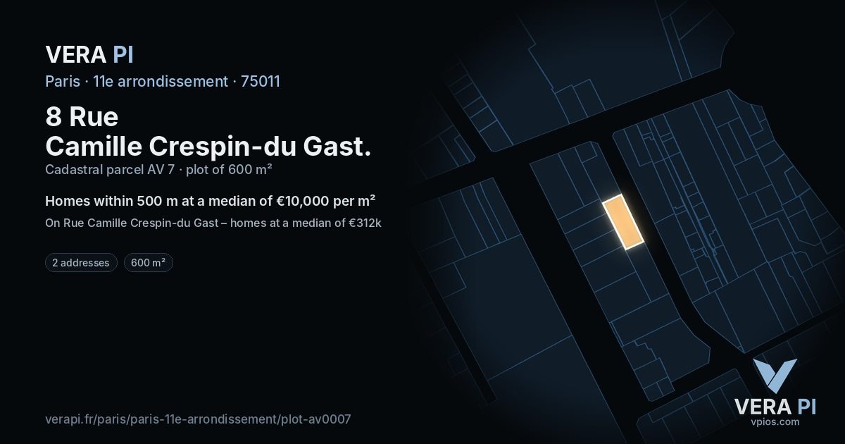 8 Rue Camille Crespin-du Gast, 11e arrondissement at night – the plot lit, the parcels around coloured by the prices near them