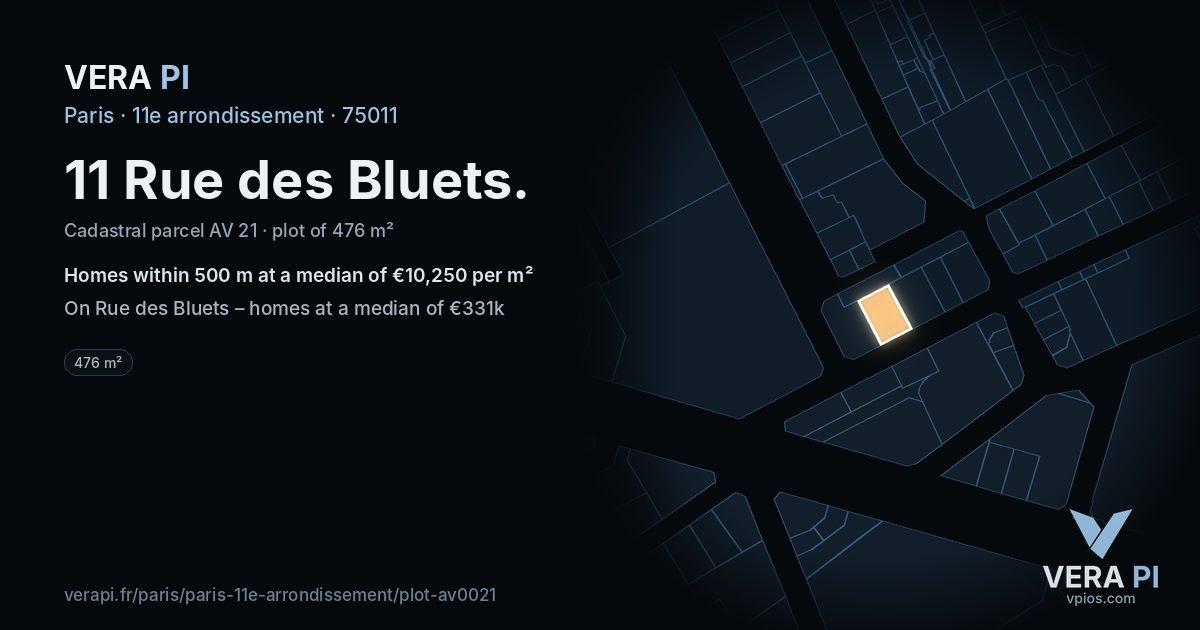 11 Rue des Bluets, 11e arrondissement at night – the plot lit, the parcels around coloured by the prices near them