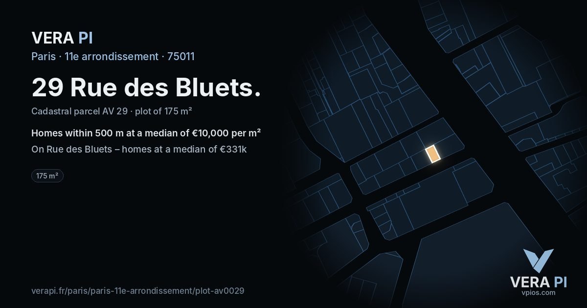 29 Rue des Bluets, 11e arrondissement at night – the plot lit, the parcels around coloured by the prices near them