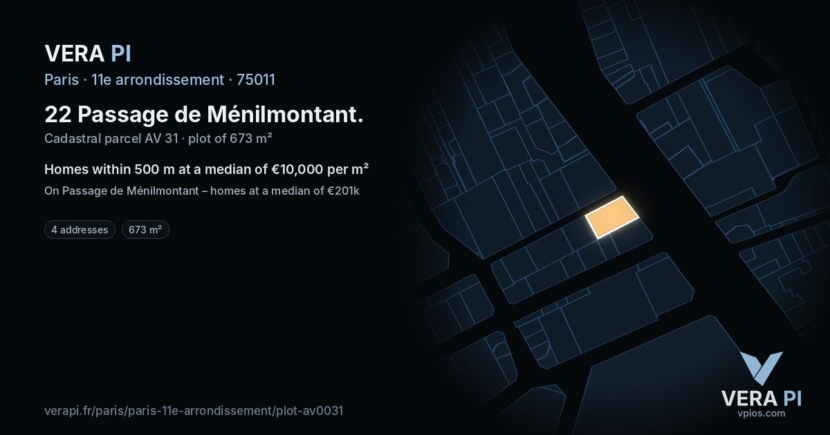 22 Passage de Ménilmontant, 11e arrondissement at night – the plot lit, the parcels around coloured by the prices near them