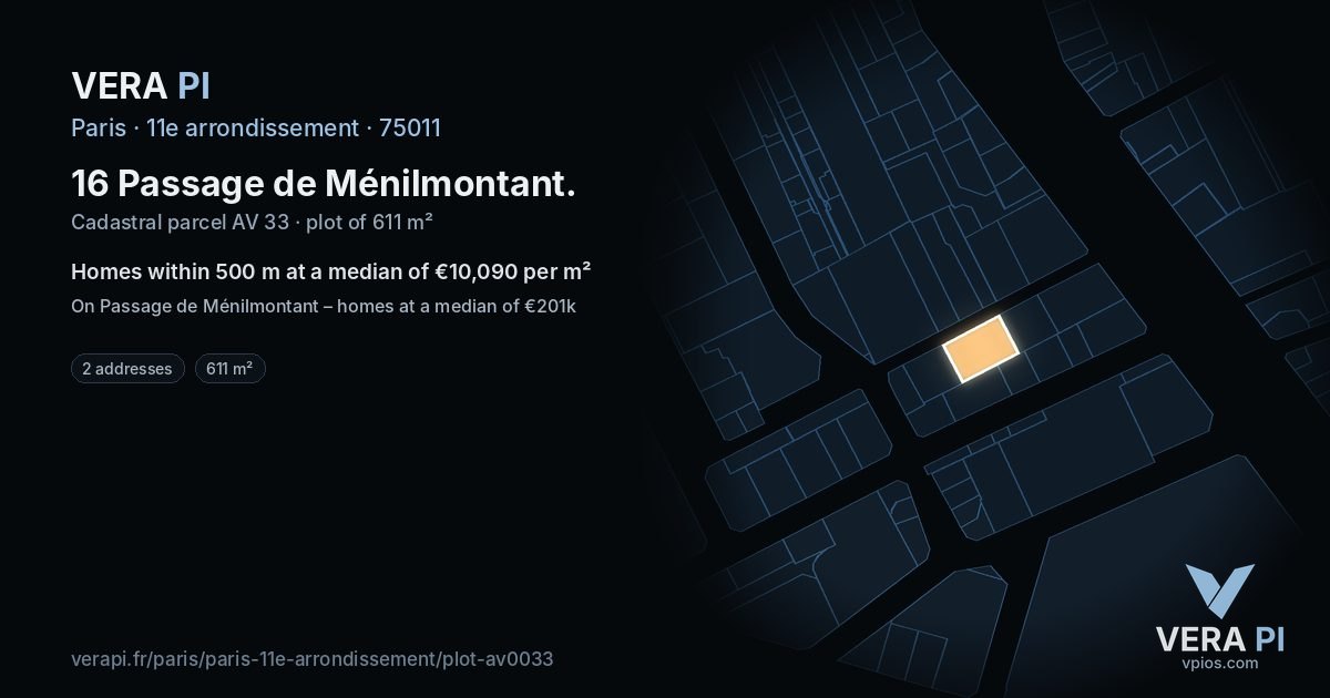 16 Passage de Ménilmontant, 11e arrondissement at night – the plot lit, the parcels around coloured by the prices near them