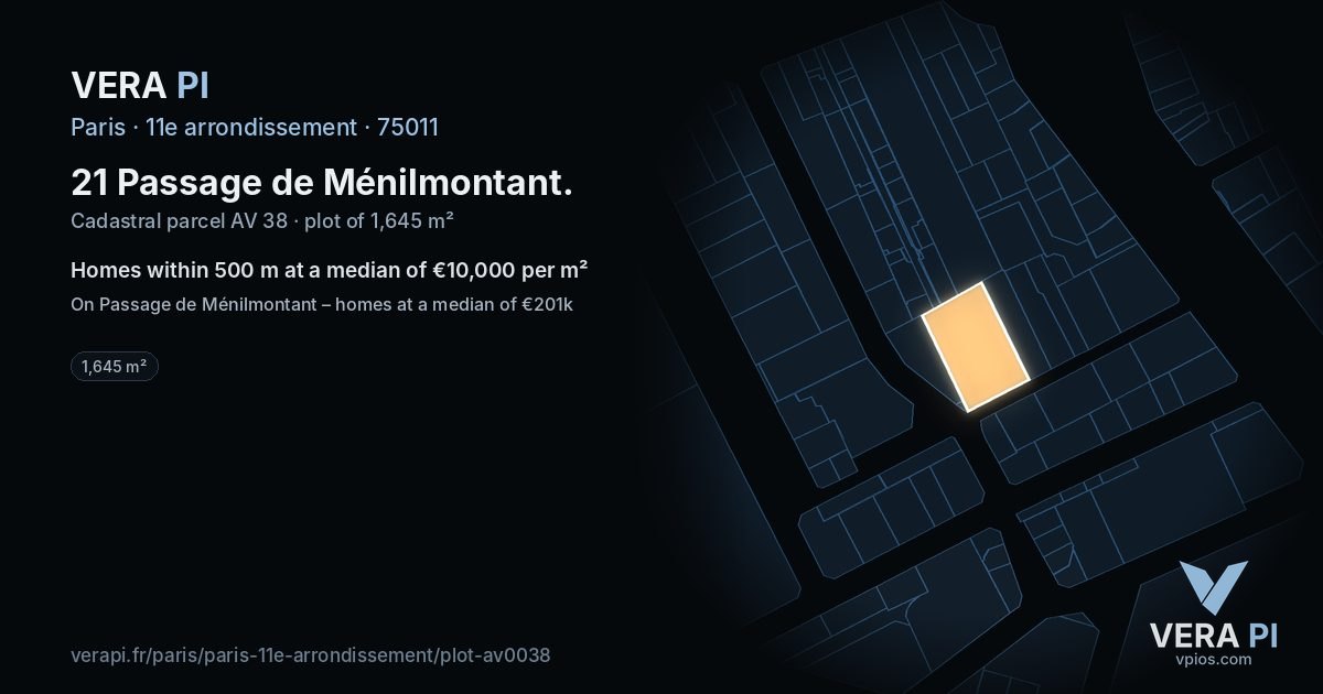 21 Passage de Ménilmontant, 11e arrondissement at night – the plot lit, the parcels around coloured by the prices near them