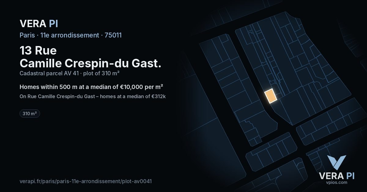 13 Rue Camille Crespin-du Gast, 11e arrondissement at night – the plot lit, the parcels around coloured by the prices near them