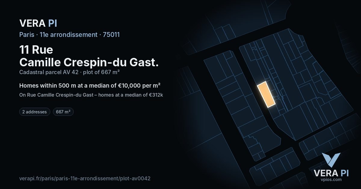 11 Rue Camille Crespin-du Gast, 11e arrondissement at night – the plot lit, the parcels around coloured by the prices near them