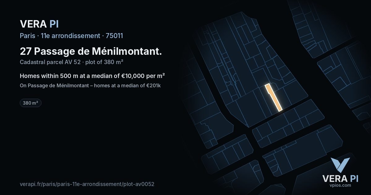 27 Passage de Ménilmontant, 11e arrondissement at night – the plot lit, the parcels around coloured by the prices near them