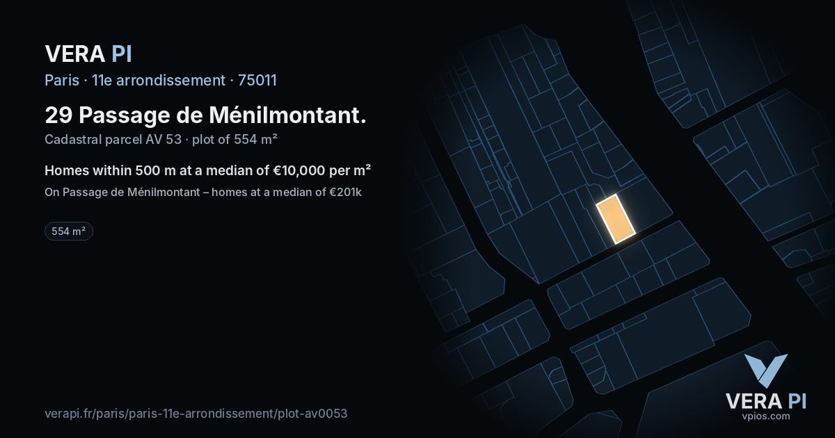 29 Passage de Ménilmontant, 11e arrondissement at night – the plot lit, the parcels around coloured by the prices near them