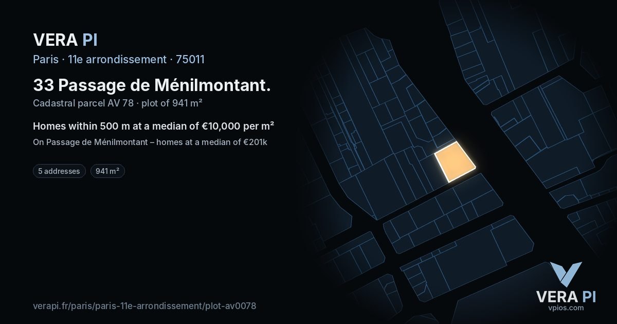 33 Passage de Ménilmontant, 11e arrondissement at night – the plot lit, the parcels around coloured by the prices near them