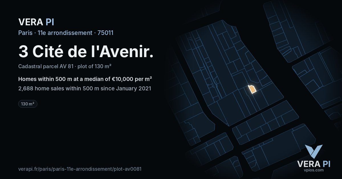 3 Cité de l'Avenir, 11e arrondissement at night – the plot lit, the parcels around coloured by the prices near them
