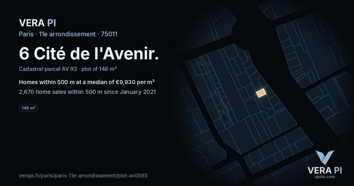 6 Cité de l'Avenir, 11e arrondissement at night – the plot lit, the parcels around coloured by the prices near them
