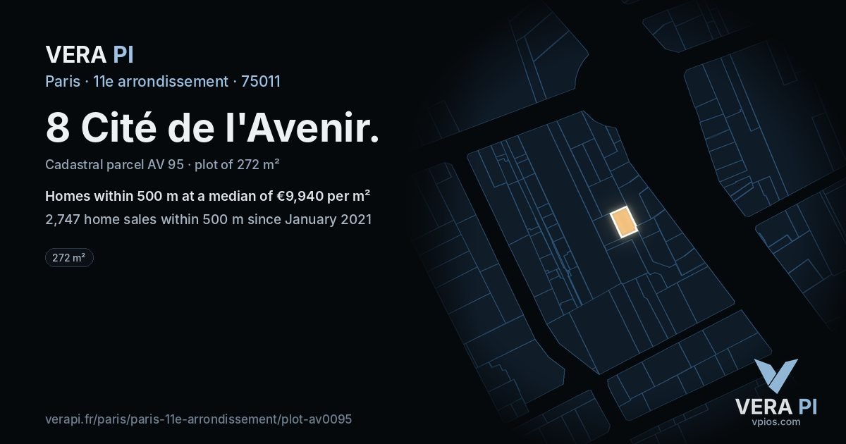 8 Cité de l'Avenir, 11e arrondissement at night – the plot lit, the parcels around coloured by the prices near them