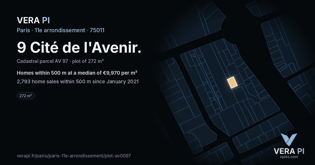9 Cité de l'Avenir, 11e arrondissement at night – the plot lit, the parcels around coloured by the prices near them