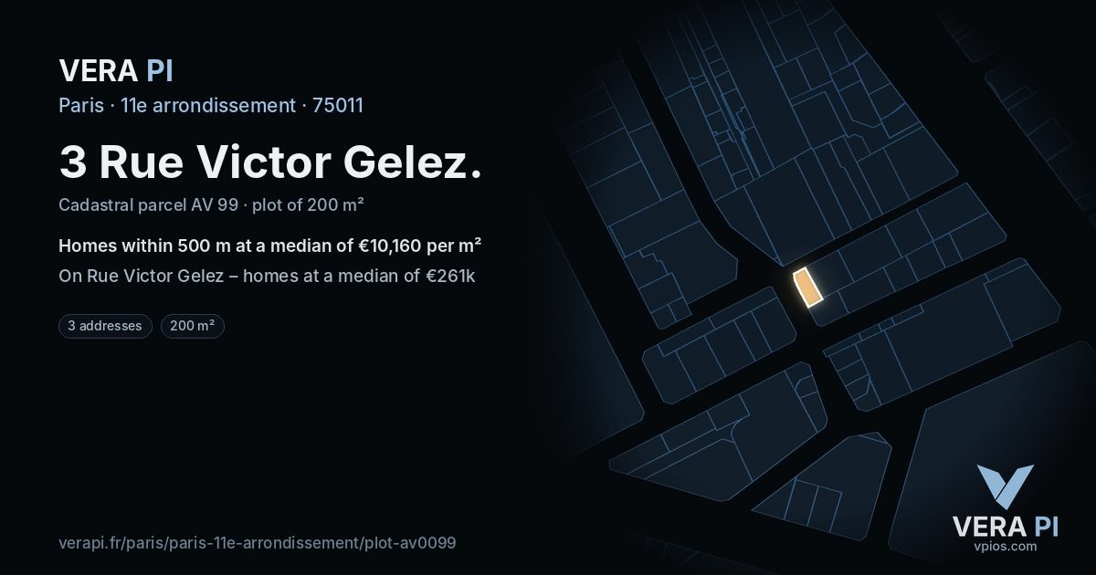 3 Rue Victor Gelez, 11e arrondissement at night – the plot lit, the parcels around coloured by the prices near them