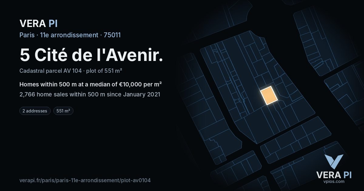 5 Cité de l'Avenir, 11e arrondissement at night – the plot lit, the parcels around coloured by the prices near them