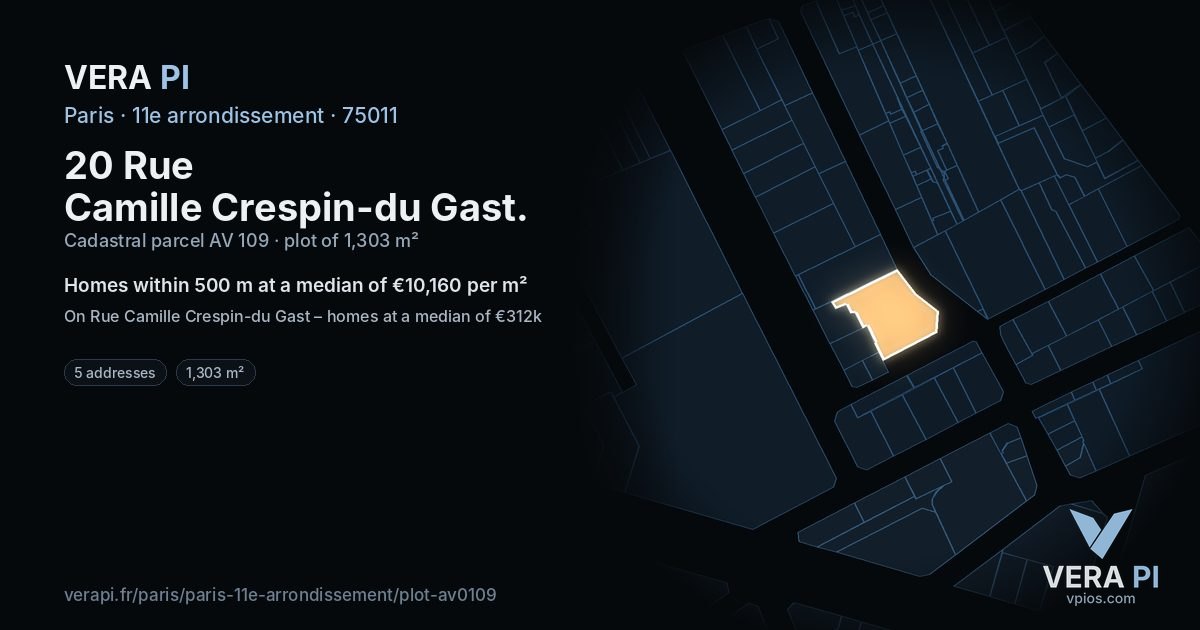 20 Rue Camille Crespin-du Gast, 11e arrondissement at night – the plot lit, the parcels around coloured by the prices near them
