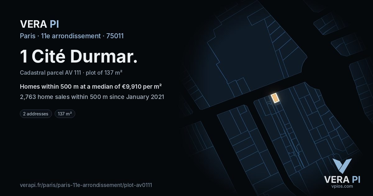 1 Cité Durmar, 11e arrondissement at night – the plot lit, the parcels around coloured by the prices near them