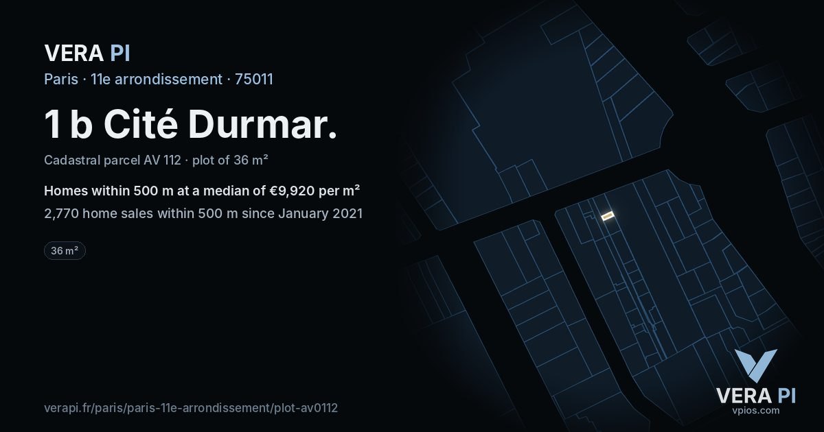 1 b Cité Durmar, 11e arrondissement at night – the plot lit, the parcels around coloured by the prices near them