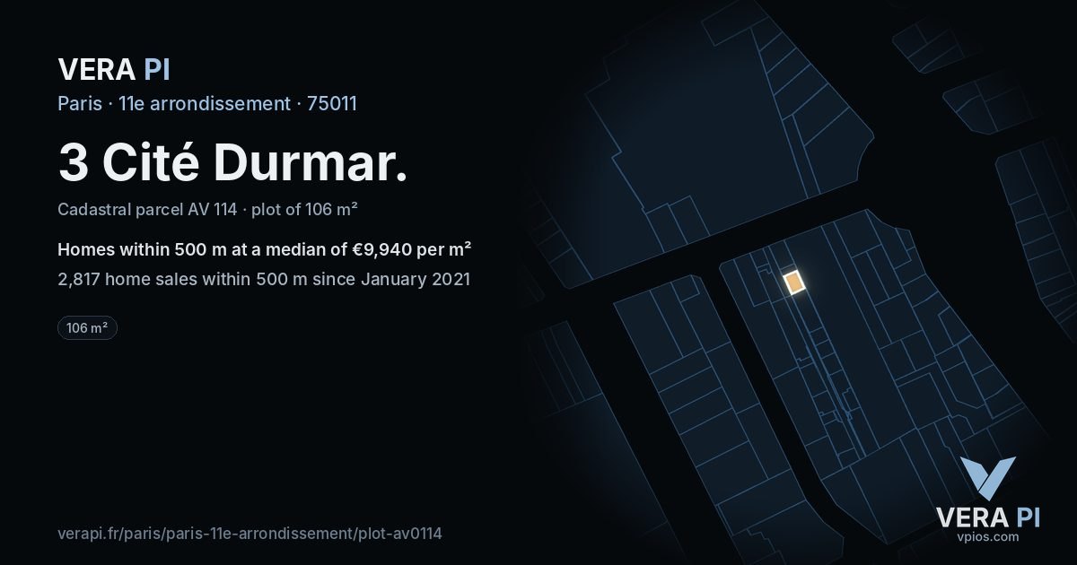 3 Cité Durmar, 11e arrondissement at night – the plot lit, the parcels around coloured by the prices near them