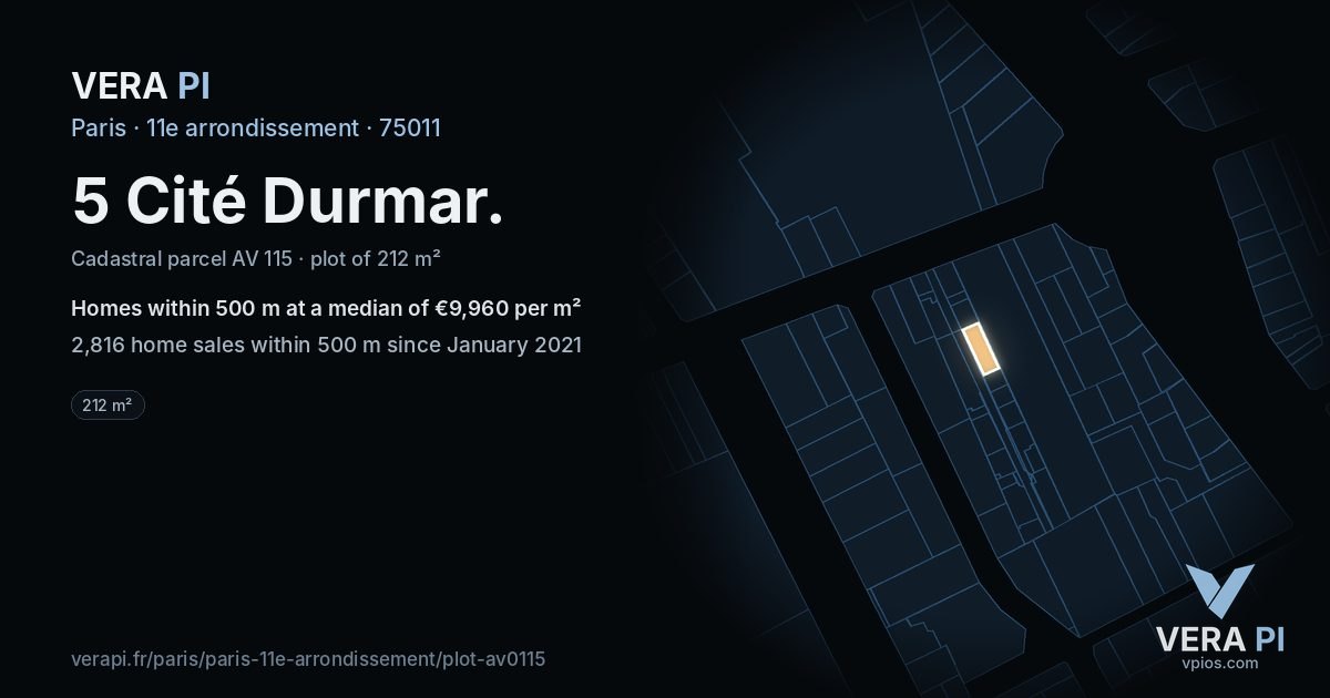 5 Cité Durmar, 11e arrondissement at night – the plot lit, the parcels around coloured by the prices near them
