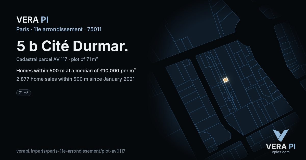 5 b Cité Durmar, 11e arrondissement at night – the plot lit, the parcels around coloured by the prices near them