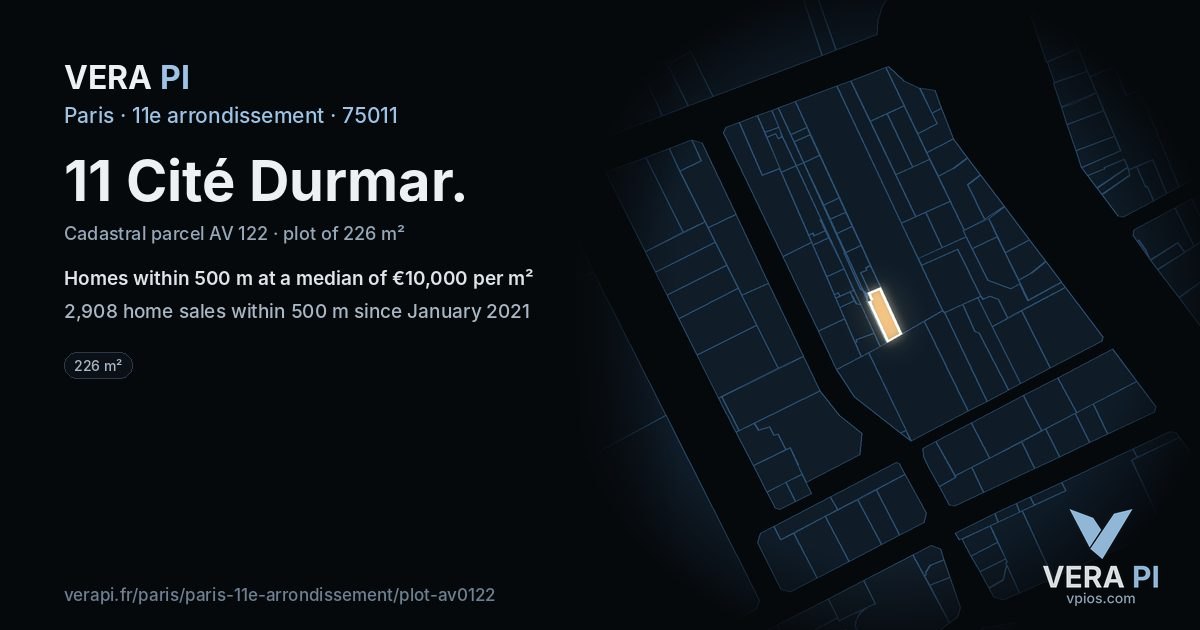 11 Cité Durmar, 11e arrondissement at night – the plot lit, the parcels around coloured by the prices near them