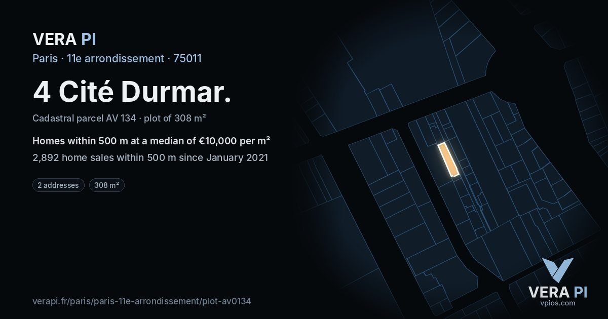 4 Cité Durmar, 11e arrondissement at night – the plot lit, the parcels around coloured by the prices near them