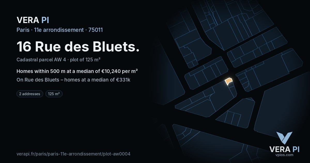 16 Rue des Bluets, 11e arrondissement at night – the plot lit, the parcels around coloured by the prices near them