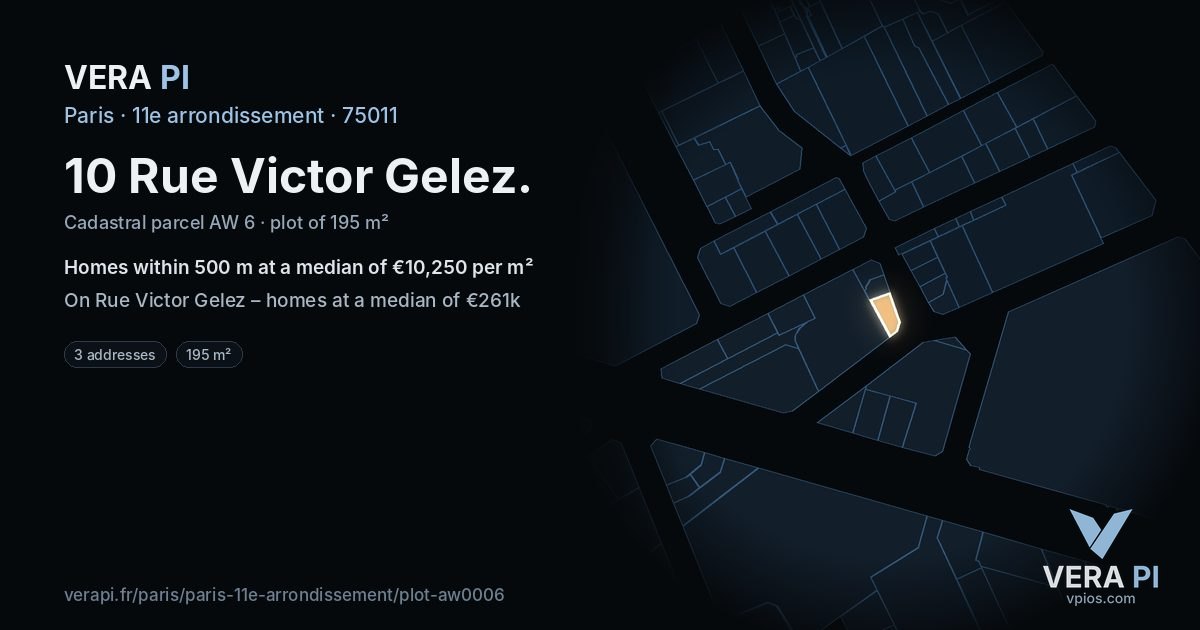 10 Rue Victor Gelez, 11e arrondissement at night – the plot lit, the parcels around coloured by the prices near them