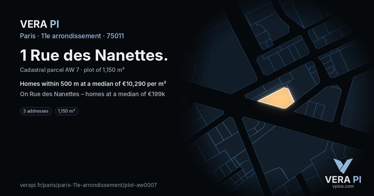 1 Rue des Nanettes, 11e arrondissement at night – the plot lit, the parcels around coloured by the prices near them